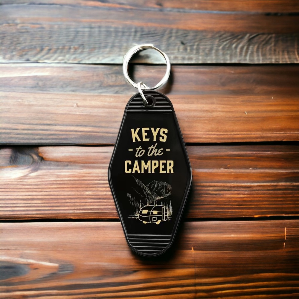 KEYS TO THE CAMPER Retro Black Gold Motel Plastic Keychain 1 pc RV Camping Gift